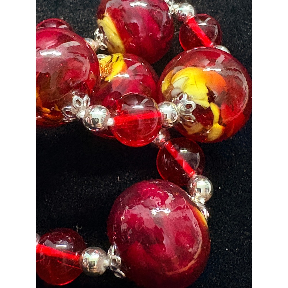 Red Art Glass Lampwork Bead Bracelet Silver Tone Lobster Clasp 6.75 Inch
